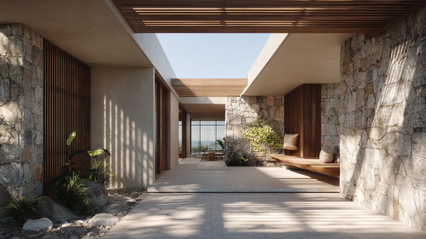 Deep timber eave casting shadow across a glazed living area, golden afternoon light, subtropical Australian architecture