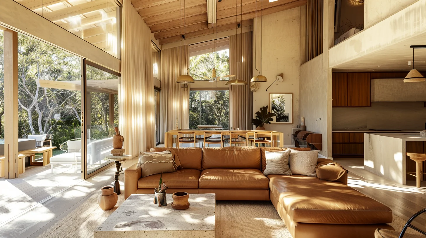 Deep timber eaves casting geometric shadow across floor-to-ceiling glazing in a Sunshine Coast home, warm afternoon light filtering through, coastal hinterland visible beyond