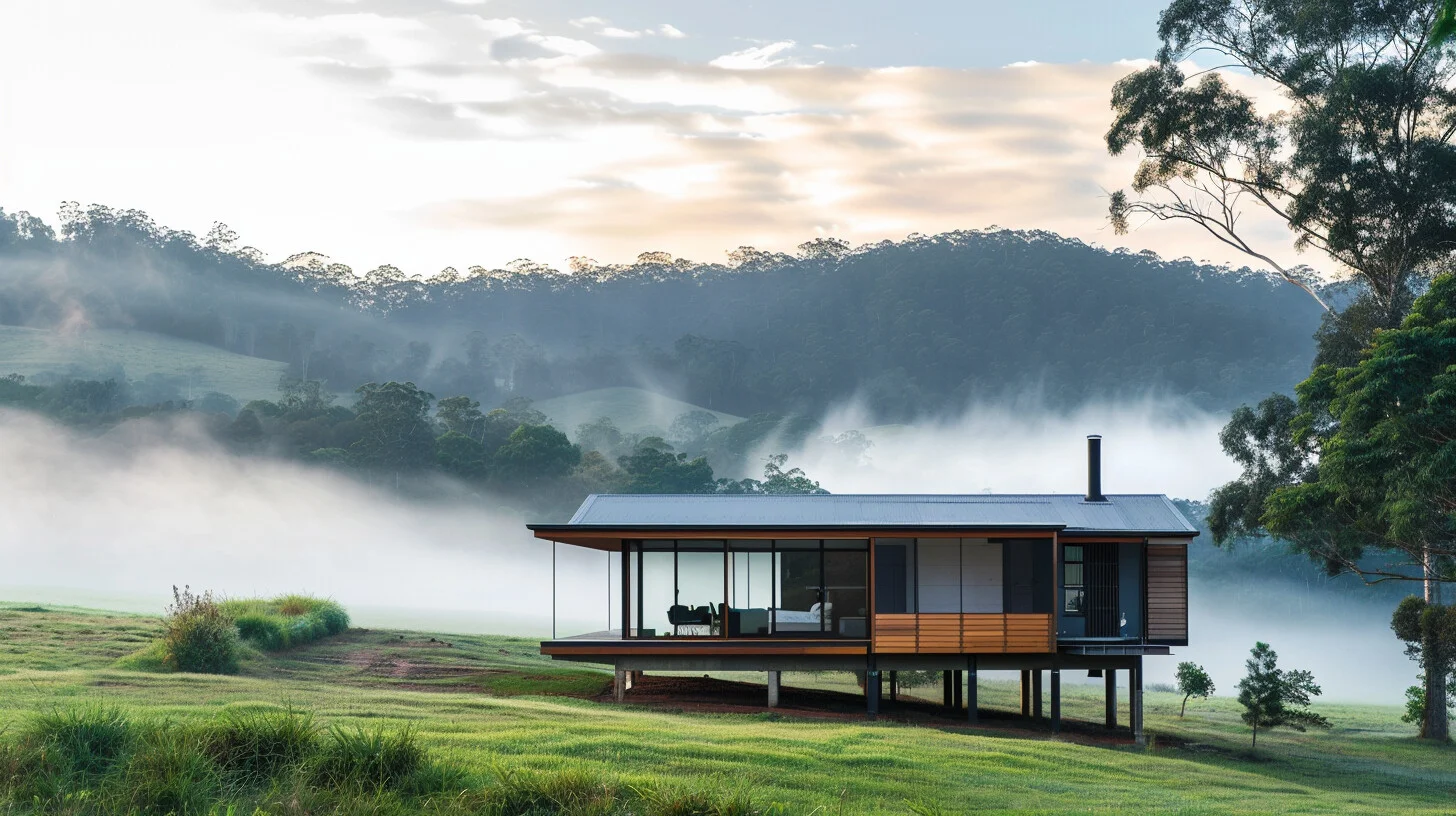 Elevated hinterland site. Rammed earth, hardwood and concrete.